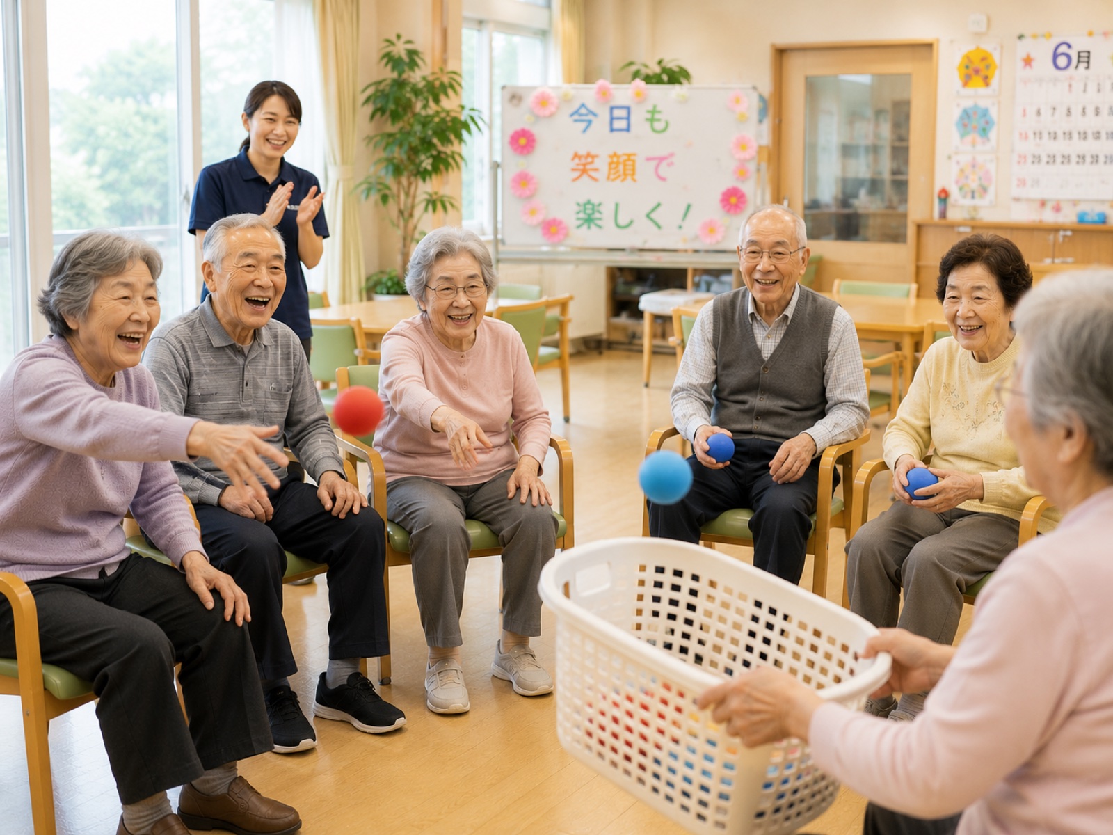 リビングで玉入れレクを楽しむ様子（イメージ）