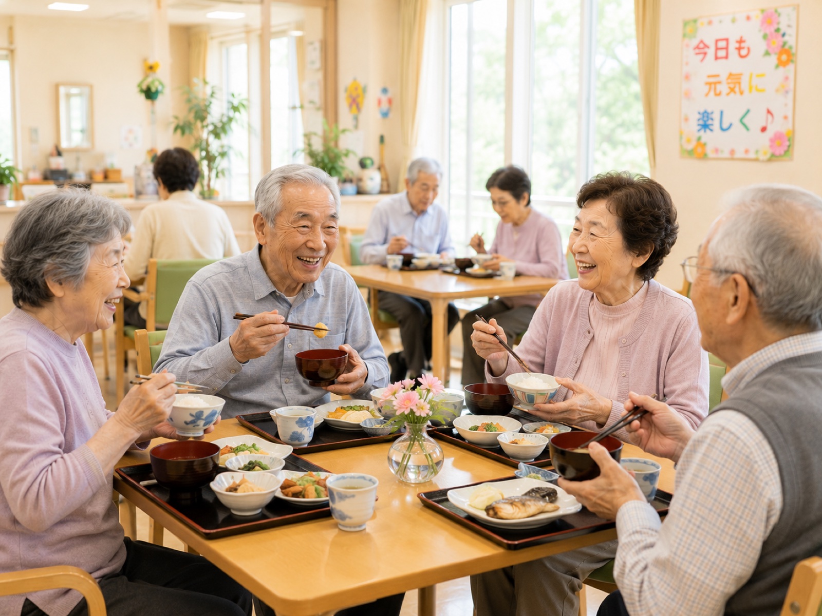 ご利用者様が笑顔で食事を楽しむ様子（イメージ）